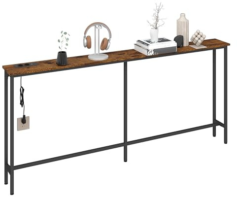 Amveya 180 cm Konsolentisch Schmal Holz, Console Table mit 2 Steckdosen und 2 USB, Flurtisch fürs Wohnzimmer, Foyers, Flure, Vintagebraun und Schwarz
