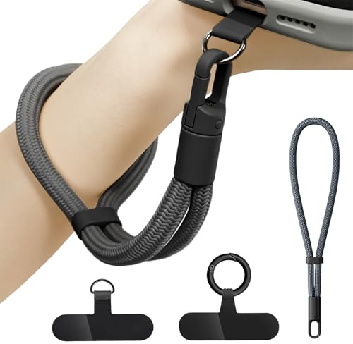 Bellanova Verstellbare Handykette Kurz Grau | Polyester-Handschlaufe mit Drehbarem Karabiner aus Zinklegierung für Handyhüllen und Schlüssel
