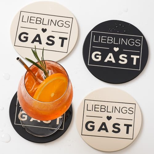 4er Set Premium Untersetzer für Gläser & Tassen. Stilvoll & Robust, rutschfest, Pfelegeleicht, Hitzebeständig. Perfekt für Zuhause, Büro & Gastronomie, Modernes Design (Lieblings Gast)