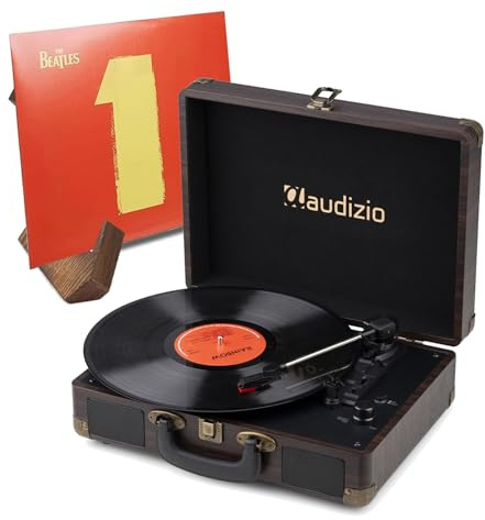 Audizio RP116DW Dark Wood Briefcase Bluetooth Record Player with Built-in Stereo Speakers & Retro Wooden Vinyl Display Stand - USB MP3 Encoding, RCA Output & AUX Input