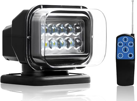 Remote Search Lights for Truck, Auto-Reset 360 Rotating Spot Light for Trucks, LED Marine Spotlight for Boat 6 Powerful Magnets Built-in 12V 24V (Black)