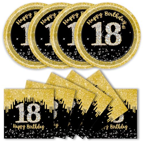DHAIQC 50 Pièces Vaisselle Jetable Anniversaire 18 Ans, Noir Or Assiettes Jetables et Serviettes 18e Pour Femmes Homme 18 Ans Anniversaire Décoration (18)