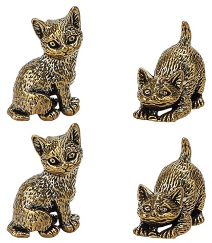 WEBEEDY 4 Stück Messing Katze Figur 2 Stile Mini Katzenstatue Miniatur Retro Tierfiguren Dekoration Für Garten Büro Zuhause Schreibtisch Glück Reichtum Bringen Weihnachten Geburtstag Geschenk