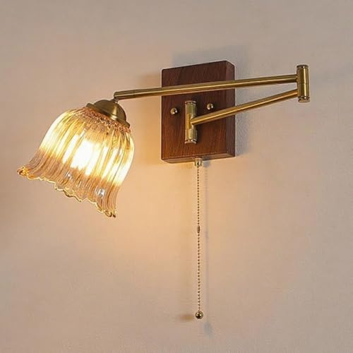 AoLa Messing Wandleuchte Schwenkarm Vintage mit Schalter Wandlampe Gold lnnen mit Blume Glaslampenschirm Verstellbar Lange Arm Wand Leselampe Retro E27 Nachttischlampe Faltbar Wandbeleuchtung