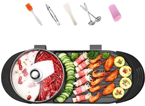Electric Hotpot and Grill 2-in-1, Non-Stick Korean BBQ Electric, Integrated Barbecue & Hot Pot Combo, with Hot Pot BBQ Grill Chafing Dish Indoor, for 2-6 People