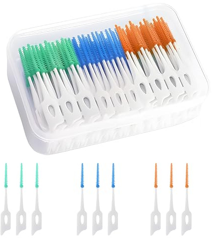 CATMEYE 210 Silikon Interdentalbürsten, Zahnstocher und Zahnseide-Sticks – Weiche Zahnzwischenraumbürsten für die tägliche Zahn- und Zahnfleischreinigung (Blau Grün Orange)