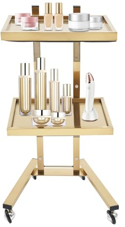 Hairdressing Tool Trolley, 2-Tier Gold Salon Rolling Cart with Stainless Steel Trays, Mobile Beauty Spa Storage Organizer for Hairdressers, Barbers, and Clinics