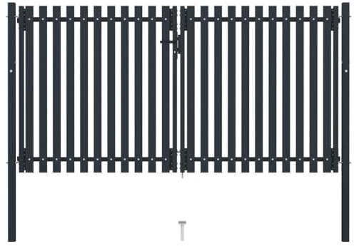 Puerta de Valla de Doble Hoja, Puerta Exterior de Acero con Recubrimiento en Polvo, Diseño Moderno con Cerradura y Manija, para Jardín, Entrada o Cerramiento, Color Antracita, 306 x 220 cm