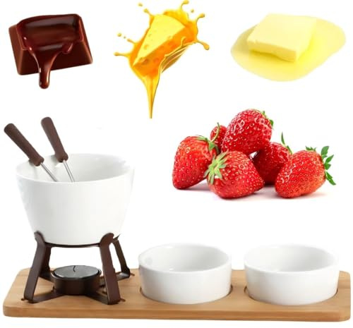 Chocolate Fondue Set, Fondue Mug, Ceramic Chocolate Fondue Set, Cheese Melting Hot Pot with 2 Stainless Steel Forks, 300ml Butter Warmer for Party, Home, Birthday, Picnics - White