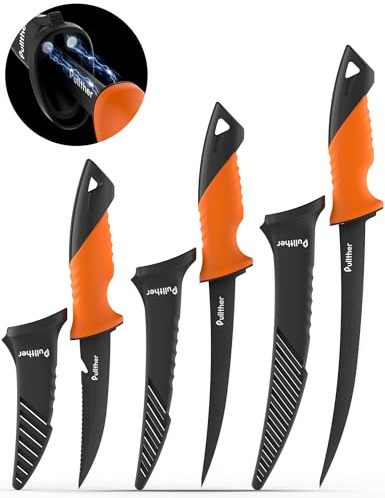 pullther 3er-Set Angelmesser Fischmesser Edelstahl magnetische Scheide | Edelstahl-Fischmesser mit gezacktem Rand, rutschfestem Griff und magnetischer Scheide zur sicheren Aufbewahrung.