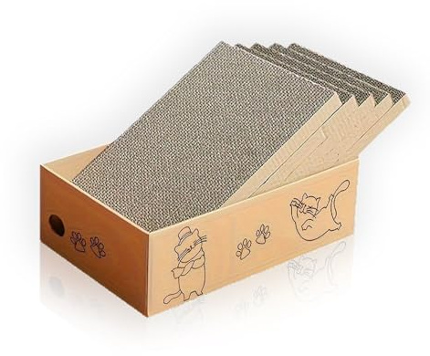 Cat scratch board with box, 40 x 28 cm, reversible corrugated cardboard cat scratch board, 5-in-1 replacement cardboard filling pad, for cats to rest and play with