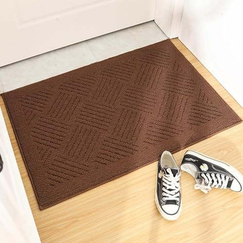 WELLTURN 50×80cm Zerbino Ingresso Interno Antiscivolo e Assorbente, Tappeto in Microfibra Lavabile con Base in Gomma per Cucina, Bagno, Porta e Animali, Diagonale Marrone