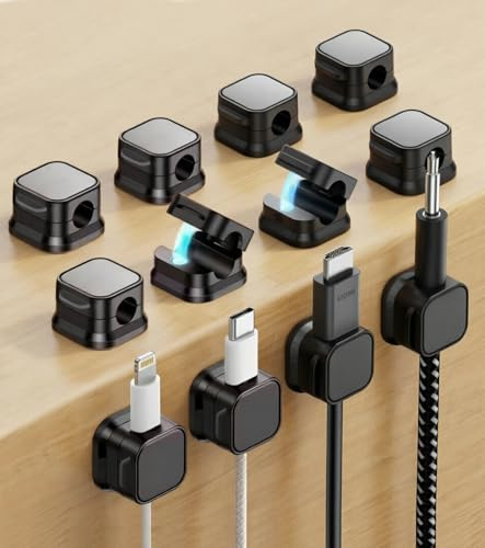 12 Stück Magnetische Kabelhalter Schwarz, Selbstklebende Kabelclips mit Magnetverschluss, Einhandbedienung Kabel Organizer für Schreibtisch und Nachttisch, USB-, Lade-, HDMI-Kabel, bis 7 mm