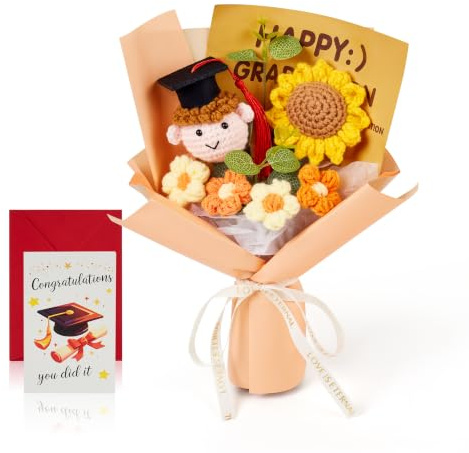 MAIBAOTA 2026 Fiori di Laurea Regali per Lui Bouquet di Girasoli all'Uncinetto Fatto a Mano con Bambola da Ragazzo in Maglia Fiore Carino in Maglia Regalo di Laurea per Figlio Fratello Nipote
