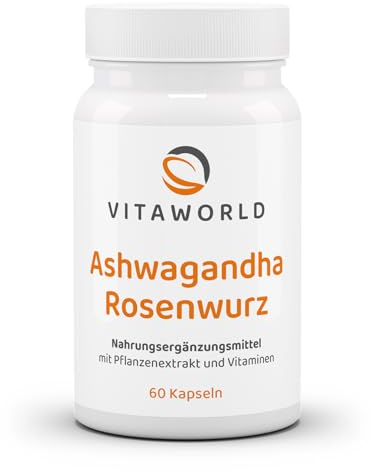 vitaworld Ashwagandha Rosenwurz Komplex, Premium KSM-66® Extrakt, 10 mg Withanolid und 4,5 mg Rosavin pro Kapsel, Vegan, 60 Kapseln