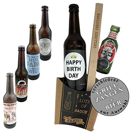 Geschenkset 4-tlg. Bier zum auswählen und Grillzange mit Gravur zum auswählen / Geburtstagsgeschenk / kreatives Geschenk / Männer / Grillen, Bier:Papa, Grillzange:Mann mit Grill sucht Frau mit Kohle