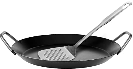 GRÄWE Schmiedeeiserne Servierpfanne F 400, Ø 32 cm, Eisenpfanne mit Griffen, 400° C hitzebeständig, Pfanne aus Eisen, kratzfeste Bratpfanne, unbeschichtet, induktionsgeeignet, mit Wender