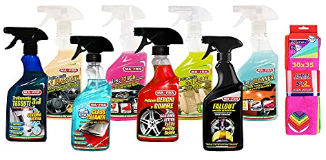 Set MAFRA trattamento tessuti 3in1-plastiche 3in1-glass cleaner-last touch-pulitore cerchi gomme, trattamento pelle 3in1, fallout, fast cleaner più confezione 7 panni in microfibra 30x35 cm