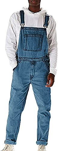 shownicer Herren Jeans Latzhose Lange Jeanshose Retro Denim Bib Overall Slim Fit Stone-Washed Streetwear Zerreißen Arbeitshosen Jumpsuit B Hellblau XL