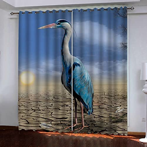 Vorhang Blickdicht Ösen Thermo Verdunkelungs Polyester Gardinen 2 Stück 3D Land Blauer Vogel Für Schlafzimmer Wohnzimmer Kinder Oder Babyzimmer 150(B) X166(H) cm - Bedruckte Verdunkelungsvorhänge
