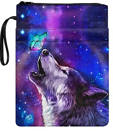 Poceacles Buchhüllen mit Reißverschluss, Motiv: Galaxie, Wolf, Schmetterling, mit Tasche, waschbarer Polyesterstoff, Buchumschläge für Taschenbücher, Hardcover