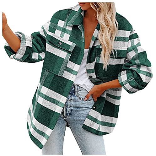 riou Chaqueta Camisa de Mujer a Cuadros Manga Larga Blusa Abrigo Camisas de Franela a Cuadros para Mujer Elegante Cárdigan Sudadera Jersey Tops Suéter Otoño Invierno Hoodie con Botones