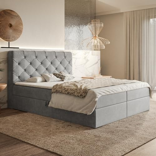 MOTIVENA Margo Chesterfield Boxspringbett 180x200 mit Bettkasten und Topper, Polsterbett 180x200 mit Bettkasten, Taschenfederkern-Matratze (H3), Visco Topper (H2), mit Strass, Samt, Grau
