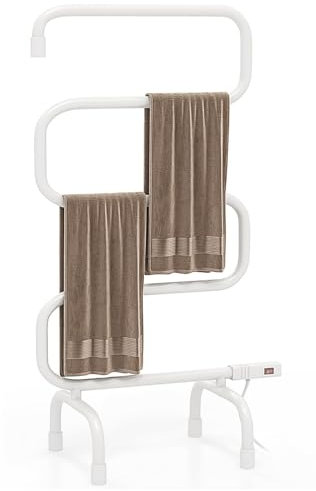 Scaldasalviette Elettrico con Portasciugamani Riscaldato, Scaldasalviette Termostatico a Forma di S con Interruttore Incorporato, Portasciugamani Riscaldato e Stendino da Terra con Capacità white