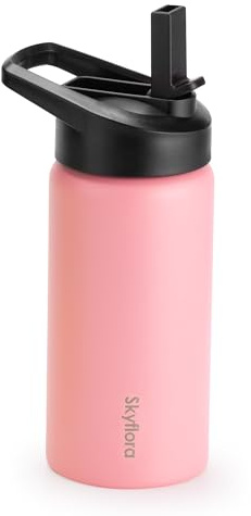 Skyflora Kids Water Bottle with Straw, 16oz Cute Water Bottle, Single Wall 18/8 Stainless Steel, Dishwasher Safe & Leakproof, Reusable Gift for Girls Boys to School Sports Travel Camping, Pink