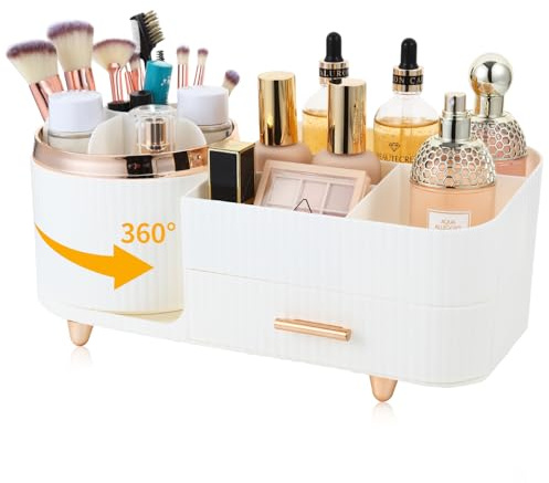 Zufudo Makeup Organizer Countertop with Drawer 360 Rotating Brush Holder Storage Large Capacity Skincare Cosmetic Display Cases for Vanity Bathroom Desktop, Model 3016 White