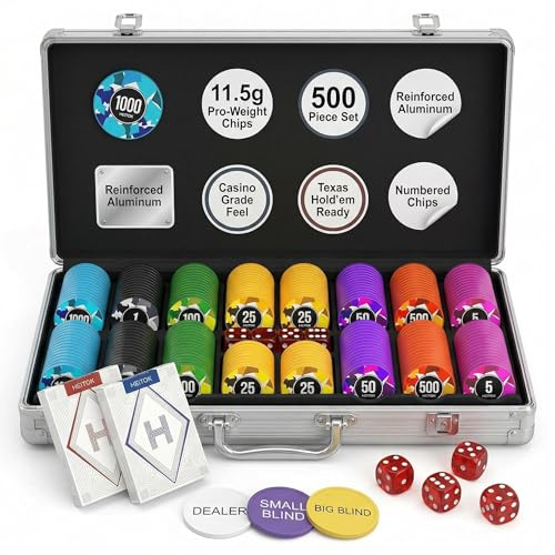 HEITOK Pokerchips 500 st 11,5 g med valörer, kasinonrerade chip-set med aluminiumfodral inkluderar 2 kortlekar med spelkort