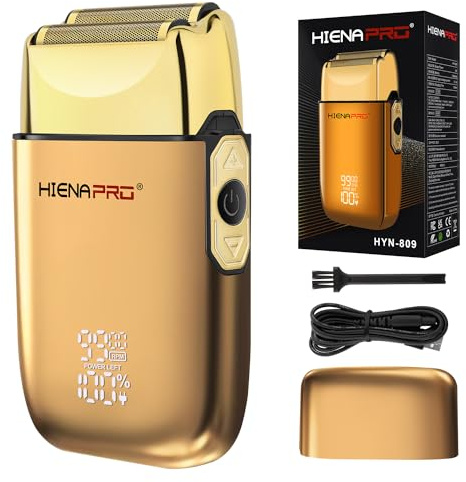 HIENA PRO Afeitadora de aluminio para hombre, afeitadora de viaje para hombre, máquina cero, depiladora para hombre, peluquería, afeitadora eléctrica, extraíble y lavable, indicador LED, USB, dorado