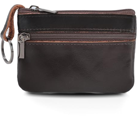 Genuine Leather Mens Coin Purse Tray Coin Pouch Small Cash Change Key Wallet Holder Mini Money Bag with Zip Keychain Business Cards Specie Organizer Gifts for Men Women Dad Father, Retro Brown