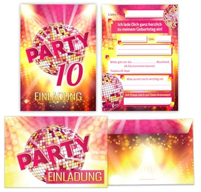 JuNa-Experten 12 Einladungskarten incl. 12 Umschläge 10. Kindergeburtstag Mädchen Disco VIP coole Einladungen zehnte Geburtstag Mädchengeburtstag