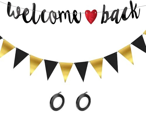 ALEGRE Welcome Back Girlande mit Wimpel in Schwarz - Willkommen Zuhause Banner für Einschulung, Klassenzimmer und Familie Deko