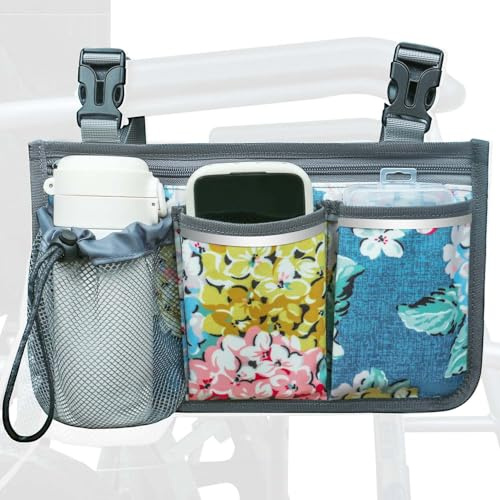 SHIFANQI Wheelchair Bag, Walker Bag, Wheelchair Side Bag, Armrest Organizer Pouch with Cup Holder Attachment and Reflective Strip, Accessories for Most Wheelchairs, Walker, Rollators (Blue Flowers)
