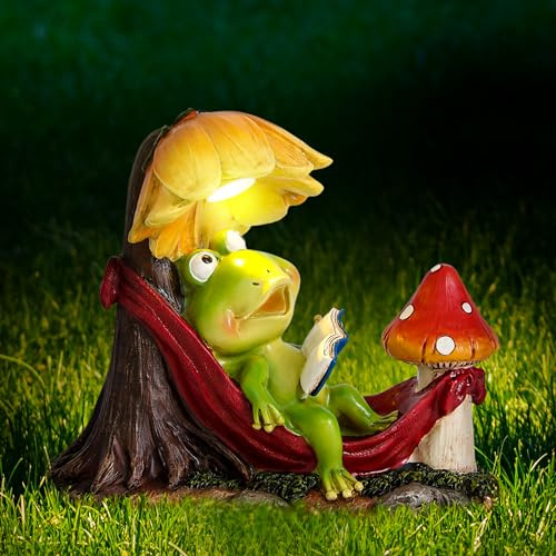 Leekung Solar Frog Garden Decor,Frog Statue with Solar Light for Outdoor Decorations,Reading Frog Figurine Garden Statues for Outside,Patio, Balcony, Yard, Lawn,Spring Decor Gifts for Women