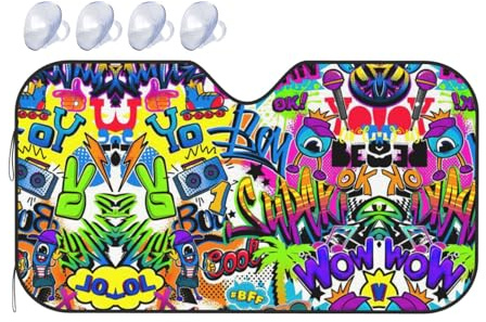 Colorful Spray Pattern The Automobile Windshield Sun Visor (Aluminum Foil Version) is 51 * 27.5in Inches and 55 * 30 Inches, Which is Perfectly Suitable for The Front Windshield of Most Models.