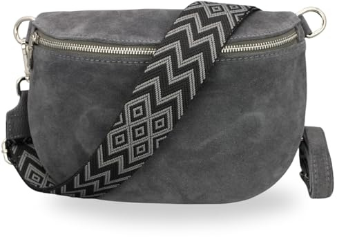 Brise Art AFIA Suede Bauchtasche Wildleder Handgefertigt Crossbody Bag | Damen Umhängetasche, Echtes Wildleder, Schultertasche mit Ledergurt & wahlweise gemustertem Riemen, 3 Fächer, Made in Italy