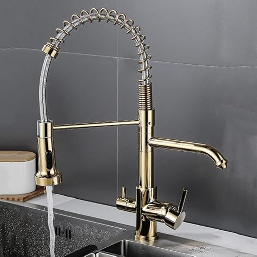 DECAKE 3 Way Kitchen Tap with Water Filter, Kitchen Taps with Pull Out Spray 2 Handles, 360°Swivel Mixer Tap, 3-in-1 Mixer Tap for Water Filter, Gold