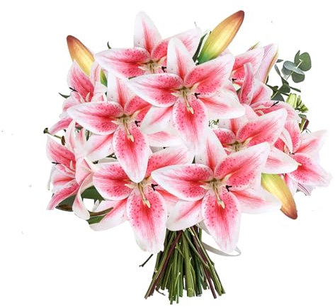 5PCS Artificial Lilies Set Artificial Lily Flower Short Stem Artificial Flowers with 12 Blooming Flower Heads and 5 Buds for Home Wedding Office Party Festival Decoration (Pink)