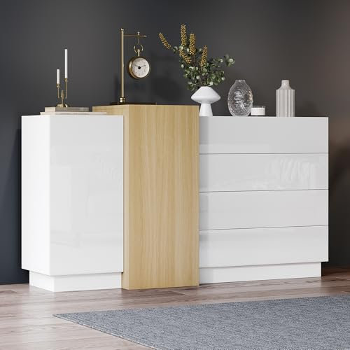 Merax Sideboard Kommode Weißes Hochglanz, Moderner Buffetschrank mit 2 Türen und 4 Große Schubladen, Mehrzweckschrank Beistellschrank für Wohnzimmer, Schlafzimmer, Esszimmer, Griffloses Design, 160cm