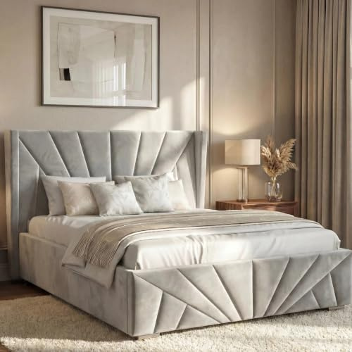 Blisswood Small Double Ottoman Bed – UKFR Upholstered 4ft Storage Bed with Headboard, Gas Lift-Up with Metal Support, Wooden Slats Base, Ideal for Bedroom or Guest Room (120x190cm Grey_No Mattress)