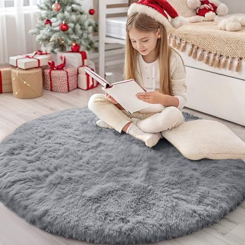 Homaxy Hochflor Waschbar Groß Teppich Wohnzimmer 160 cm Rund, Grau | Anti-Rutsch Unterseite Teppiche, Flauschig Teppich fürs Kinderzimmer, Schlafzimmer