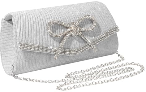 Mayoii Sac à main glamour avec nœud en strass étincelants, pochette noire et argentée pour mariages, bals, fêtes, sac spacieux avec bandoulière en chaîne