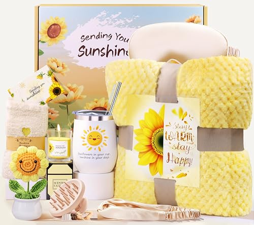 LIVEHITOP Geschenke für Frauen, Sonnenblume Geburtstagsgeschenk für Frauen | 10PCS Geschenkset mit Flanelldecke Mama, Schwester, Freundin Geschenkideen Valentinstag Muttertag Weihnachtstag