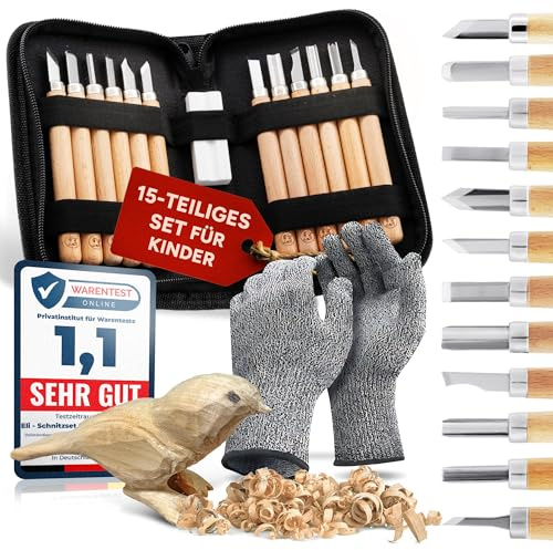 Eli Snidsset för barn (15 delar) inkl. handskar – väska och slipsten – 12 högkvalitativa snidverktyg – snidkniv med slipsten – snideri för pojkar och flickor