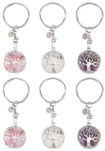 SUPERFINDINGS Porte Clés Arbre de Vie 6 styles en Pierres Précieuses Naturelles en Cristal en Acier Inoxydable Cadeaux pour Sac à Main Longueur: 8.7cm / 3.4