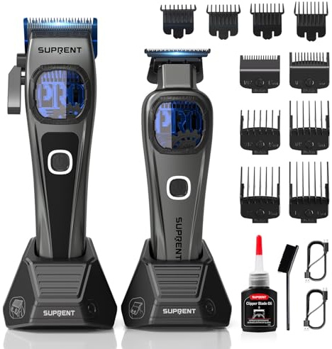 SUPRENT StormGray Professional Hair Clippers for Men - Cordless Barber Clippers & Zero-gapped Trimmer Set, Haircutting Kit with High Performance Motor, Blue Titanium-Coated Blades, Charging Stands