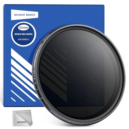 NEEWER Basics 55mm Variable ND Filter, ND2-400 1-9 Stops Reducción Luz Filtro Densidad Neutra Variable Giratorio con Revestimiento Antihuellas, Marco Delgado para Objetivos Cámara